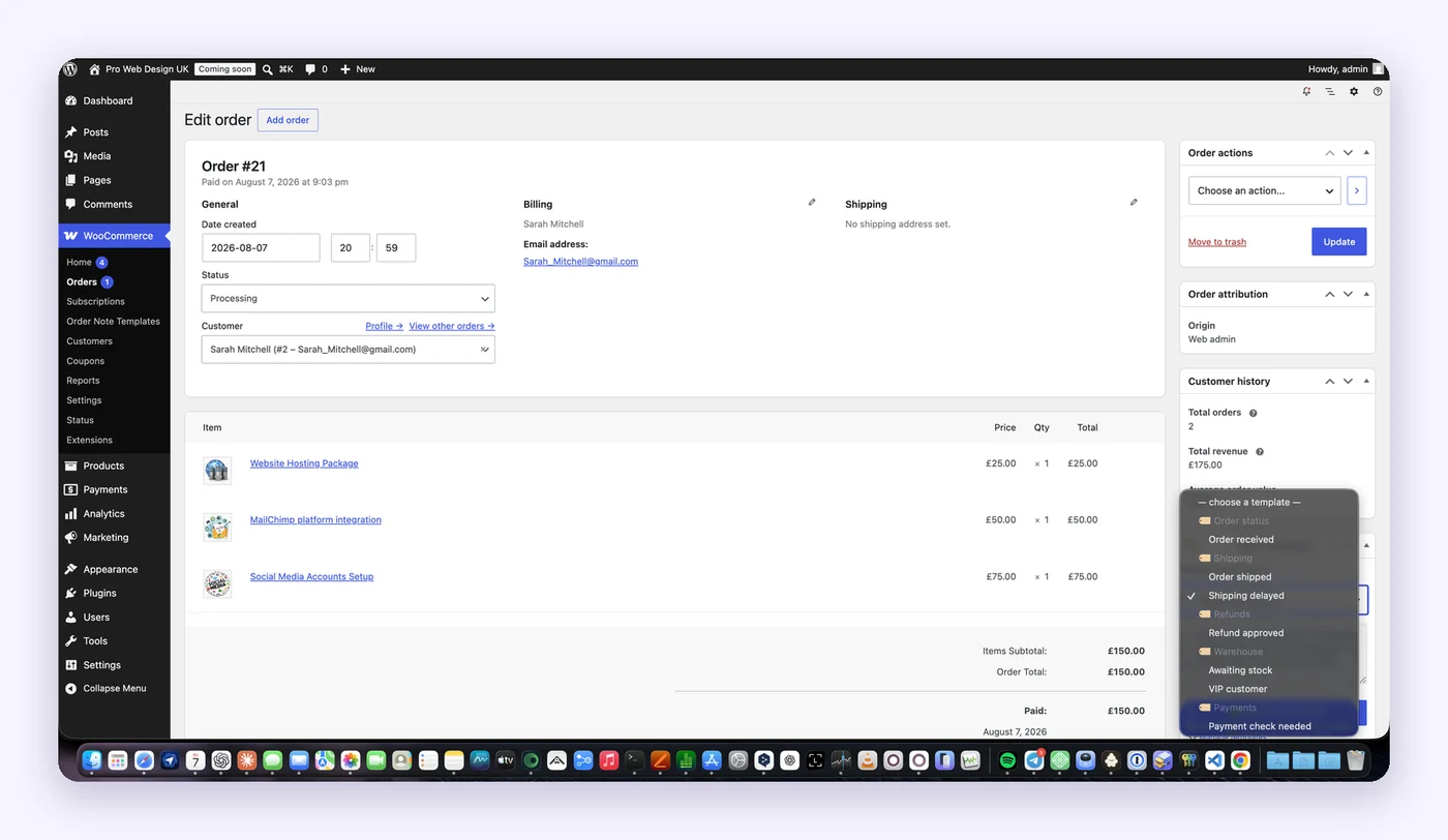 Order Note Templates blokas WooCommerce užsakyme, šablonų sąrašas atidarytas ir sugrupuotas pagal kategorijas