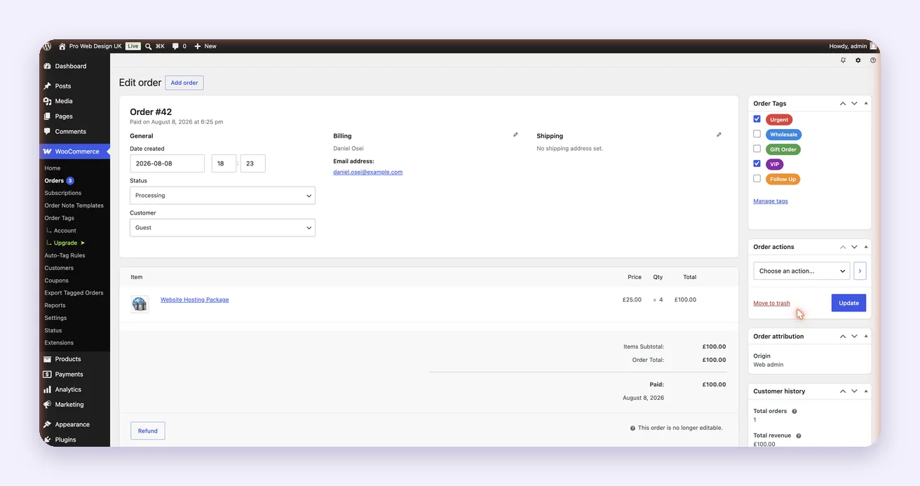 Order Tags meta box on the order edit screen