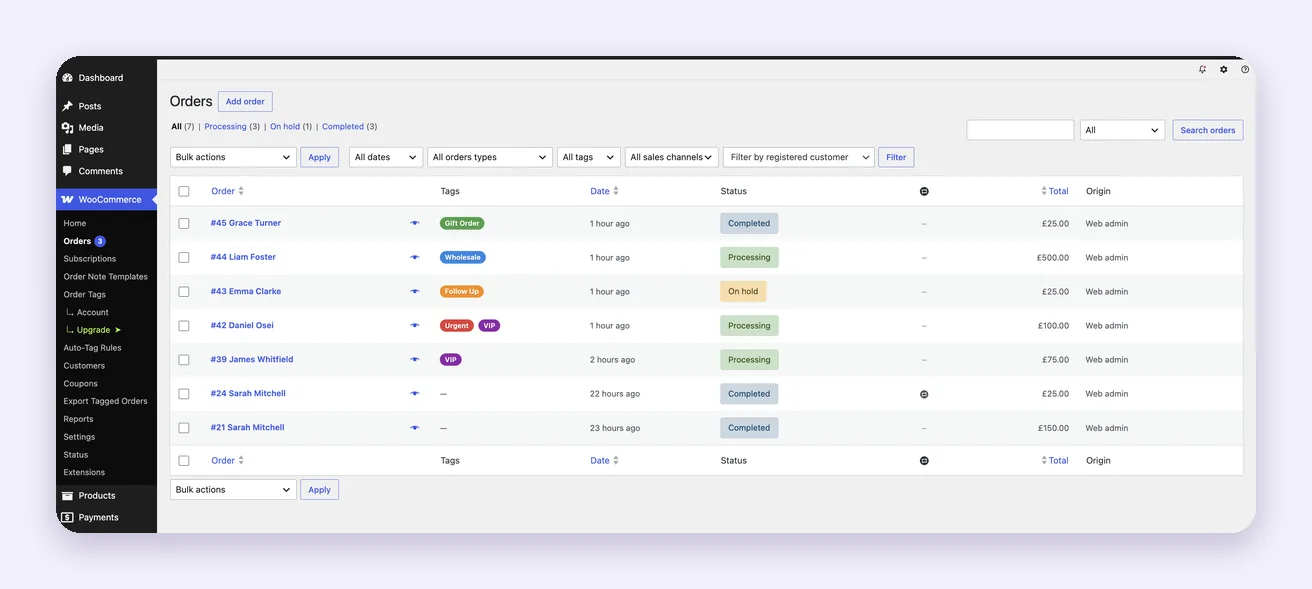 Colour-coded tags in the WooCommerce Orders list