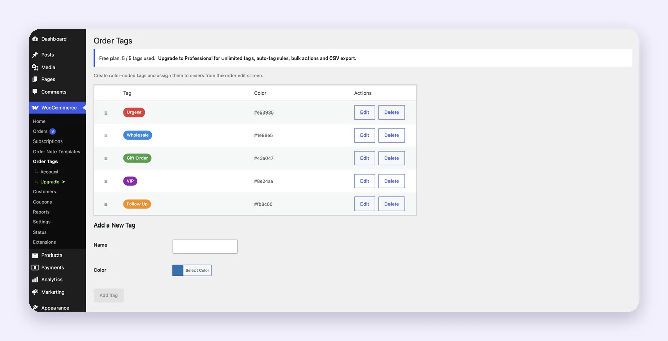 Managing order tags and their colours