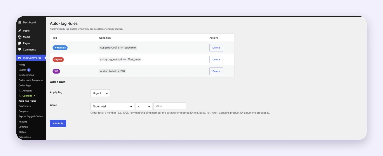 Auto-tag rules table