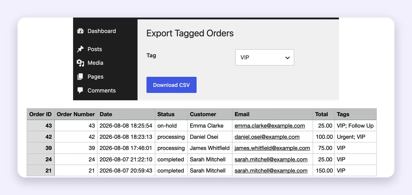 Exporting tagged orders to CSV
